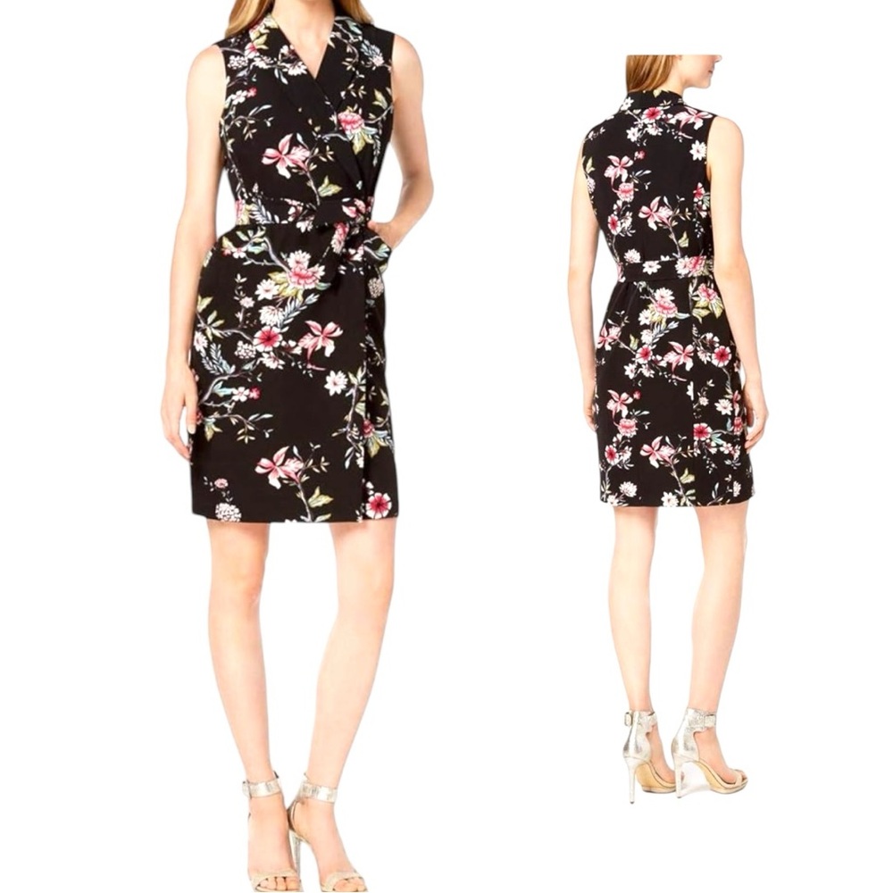 Calvin Klein NWT Collared Sleeveless Floral Belted Wrap Dress Women's Size 12P